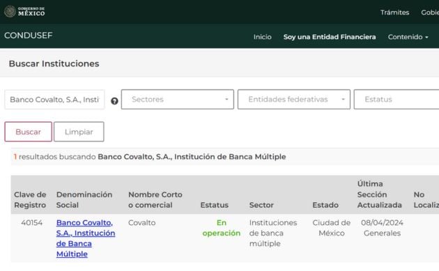 Registro del Banco Covalto en el SIPRES de la Condusef