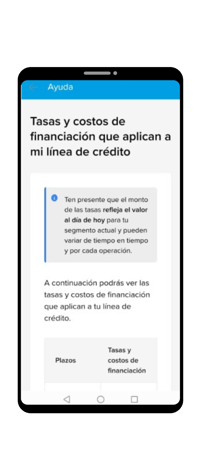 Pantalla de celular con términos y condiciones de tasa de interés del préstamo Mercado Pago